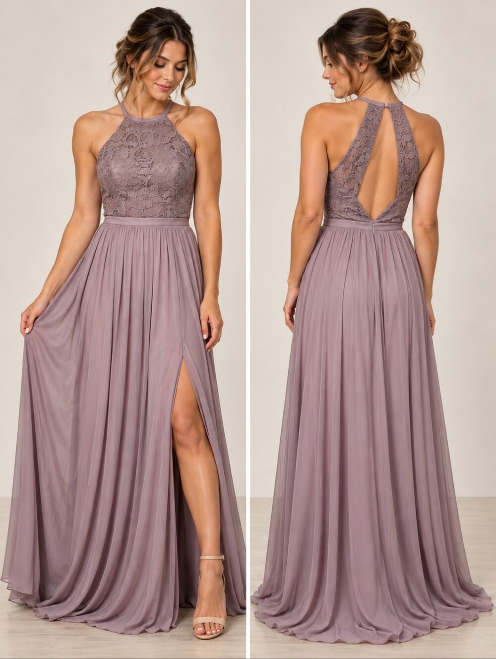 Azazie Kartini Dusk Lace Halter Bridesmaid Maxi Dress Custom Size 10 NWT